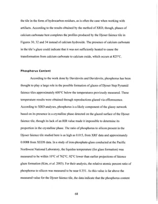 the tile in the form of hydrocarbon residues, as is often the case when working with
artifacts. According to the results obtained by the method of XRD, though, phases of
calcium carbonate best completes the profiles produced by the Djoser faience tile in
Figures 30, 32 and 34 instead of calcium hydroxide. The presence of calcium carbonate
in the tile's glaze could indicate that it was not sufficiently heated to cause the
transformation from calcium carbonate to calcium oxide, which occurs at 825'C.
Phosphorus Content
According to the work done by Davidovits and Davidovits, phosphorus has been
thought to play a large role in the possible formation of glazes of Djoser Step Pyramid
faience tiles approximately 600'C below the temperatures previously measured. These
temperature results were obtained through reproductions glazed via efflorescence.
According to XRD analyses, phosphorus is a likely component ofthe glassy network
based on its presence in a crystalline phase detected on the glazed surface ofthe Djoser
faience tile, though its lack ofan RIR value made it impossible to determine its
proportion in the crystalline phase. The ratio of phosphorus to silicon present in the
Djoser faience tile studied here is as high as 0.015, from XRF data and approximately
0.0088 from XEDS data. In a study of iron-phosphate-glass conducted at the Pacific
Northwest National Laboratory, the liquidus temperature (for glass formation) was
measured to be within 100C of 762'C, 92'C lower than earlier projections of faience
glaze formation (Kim, et al.2003). For their analysis, the relative atomic percent ratio of
phosphorus to silicon was measured to be near 0.351. As this value is far above the
measured value for the Djoser faience tile, the data indicate that the phosphorus content
68
 