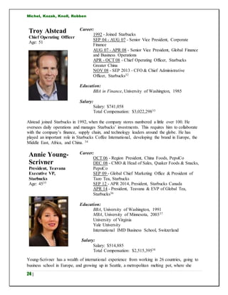Michel, Kozak, Knoll, Robben
24 |
Troy Alstead
Chief Operating Officer
Age: 51
Career:
1992 - Joined Starbucks
SEP 04 - AUG 07 - Senior Vice President, Corporate
Finance
AUG 07 - APR 08 - Senior Vice President, Global Finance
and Business Operations
APR - OCT 08 - Chief Operating Officer, Starbucks
Greater China
NOV 08 - SEP 2013 - CFO & Chief Administrative
Officer, Starbucks32
Education:
BBA in Finance, University of Washington, 1985
Salary:
Salary: $741,058
Total Compensation: $3,022,29833
Alstead joined Starbucks in 1992, when the company stores numbered a little over 100. He
oversees daily operations and manages Starbucks’ investments. This requires him to collaborate
with the company’s finance, supply chain, and technology leaders around the globe. He has
played an important role in Starbucks Coffee International, developing the brand in Europe, the
Middle East, Africa, and China. 34
Annie Young-
Scrivner
President, Teavana
Executive VP,
Starbucks
Age: 4535
Career:
OCT 06 - Region President, China Foods, PepsiCo
DEC 08 - CMO & Head of Sales, Quaker Foods & Snacks,
PepsiCo
SEP 09 - Global Chief Marketing Office & President of
Tazo Tea, Starbucks
SEP 12 - APR 2014, President, Starbucks Canada
APR 14 - President, Teavana & EVP of Global Tea,
Starbucks36
Education:
BBA, University of Washington, 1991
MBA, University of Minnesota, 200337
University of Virginia
Yale University
International IMD Business School, Switzerland
Salary:
Salary: $514,885
Total Compensation: $2,515,39538
Young-Scrivner has a wealth of international experience from working in 26 countries, going to
business school in Europe, and growing up in Seattle, a metropolitan melting pot, where she
 