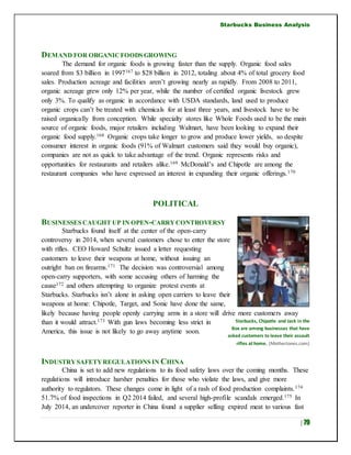 Starbucks Business Analysis
| 79
DEMAND FOR ORGANICFOODS GROWING
The demand for organic foods is growing faster than the supply. Organic food sales
soared from $3 billion in 1997167 to $28 billion in 2012, totaling about 4% of total grocery food
sales. Production acreage and facilities aren’t growing nearly as rapidly. From 2008 to 2011,
organic acreage grew only 12% per year, while the number of certified organic livestock grew
only 3%. To qualify as organic in accordance with USDA standards, land used to produce
organic crops can’t be treated with chemicals for at least three years, and livestock have to be
raised organically from conception. While specialty stores like Whole Foods used to be the main
source of organic foods, major retailers including Walmart, have been looking to expand their
organic food supply.168 Organic crops take longer to grow and produce lower yields, so despite
consumer interest in organic foods (91% of Walmart customers said they would buy organic),
companies are not as quick to take advantage of the trend. Organic represents risks and
opportunities for restaurants and retailers alike.169 McDonald’s and Chipotle are among the
restaurant companies who have expressed an interest in expanding their organic offerings.170
POLITICAL
BUSINESSES CAUGHT UP IN OPEN-CARRYCONTROVERSY
Starbucks found itself at the center of the open-carry
controversy in 2014, when several customers chose to enter the store
with rifles. CEO Howard Schultz issued a letter requesting
customers to leave their weapons at home, without issuing an
outright ban on firearms.171 The decision was controversial among
open-carry supporters, with some accusing others of harming the
cause172 and others attempting to organize protest events at
Starbucks. Starbucks isn’t alone in asking open carriers to leave their
weapons at home: Chipotle, Target, and Sonic have done the same,
likely because having people openly carrying arms in a store will drive more customers away
than it would attract.173 With gun laws becoming less strict in
America, this issue is not likely to go away anytime soon.
INDUSTRYSAFETYREGULATIONS IN CHINA
China is set to add new regulations to its food safety laws over the coming months. These
regulations will introduce harsher penalties for those who violate the laws, and give more
authority to regulators. These changes come in light of a rash of food production complaints.174
51.7% of food inspections in Q2 2014 failed, and several high-profile scandals emerged.175 In
July 2014, an undercover reporter in China found a supplier selling expired meat to various fast
Starbucks, Chipotle and Jack in the
Box are among businesses that have
asked customers to leave their assault
rifles at home. (MotherJones.com)
 