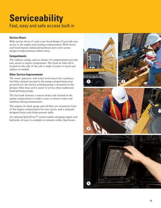 Serviceability
Fast, easy and safe access built in

Service Doors
Wide service doors (1) and a new hood design (2) provide easy
access to the engine and cooling compartments. Both doors
and hood feature enhanced hardware and a new screen
design to help minimize debris entry.
Compartments
The radiator, pump, and air cleaner (3) compartments provide
easy access to major components. The fresh air filter (4) is
located on the side of the cab to make it easier to reach and
replace as needed.
Other Service Improvements
The water separator with water level sensor has a primary
fuel filter element located in the pump compartment near
ground level; the electric priming pump is mounted on the
primary filter base and is easier to service than traditional
hand-priming pumps.
The fuel tank features a remote drain cock located in the
pump compartment to make it easy to remove water and
sediment during maintenance.
The engine oil check gauge and oil filter are situated in front
of the engine compartment for easy access, and a uniquely
designed drain cock helps prevent spills.
An optional QuickEvac™ system makes changing engine and
hydraulic oil easy to complete in minutes rather than hours.
3
1 2
4
11
 