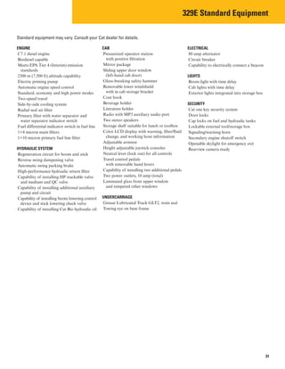 329E Standard Equipment

Standard equipment may vary. Consult your Cat dealer for details.

ENGINE
C7.1 diesel engine
Biodiesel capable
Meets EPA Tier 4 (Interim) emission
standards
2300 m (7,500 ft) altitude capability
Electric priming pump
Automatic engine speed control
Standard, economy and high power modes
Two-speed travel
Side-by-side cooling system
Radial seal air filter
Primary filter with water separator and
water separator indicator switch
Fuel differential indicator switch in fuel line
1×4 micron main filters
1×10 micron primary fuel line filter
HYDRAULIC SYSTEM
Regeneration circuit for boom and stick
Reverse swing dampening valve
Automatic swing parking brake
High-performance hydraulic return filter
Capability of installing HP stackable valve
and medium and QC valve
Capability of installing additional auxiliary
pump and circuit
Capability of installing boom lowering control
device and stick lowering check valve
Capability of installing Cat Bio hydraulic oil
CAB
Pressurized operator station
with positive filtration
Mirror package
Sliding upper door window
(left-hand cab door)
Glass-breaking safety hammer
Removable lower windshield
with in cab storage bracket
Coat hook
Beverage holder
Literature holder
Radio with MP3 auxiliary audio port
Two stereo speakers
Storage shelf suitable for lunch or toolbox
Color LCD display with warning, filter/fluid
change, and working hour information
Adjustable armrest
Height adjustable joystick consoles
Neutral lever (lock out) for all controls
Travel control pedals
with removable hand levers
Capability of installing two additional pedals
Two power outlets, 10 amp (total)
Laminated glass front upper window
and tempered other windows
UNDERCARRIAGE
Grease Lubricated Track GLT2, resin seal
Towing eye on base frame
ELECTRICAL
80 amp alternator
Circuit breaker
Capability to electrically connect a beacon
LIGHTS
Boom light with time delay
Cab lights with time delay
Exterior lights integrated into storage box
SECURITY
Cat one key security system
Door locks
Cap locks on fuel and hydraulic tanks
Lockable external tool/storage box
Signaling/warning horn
Secondary engine shutoff switch
Openable skylight for emergency exit
Rearview camera ready
31
 