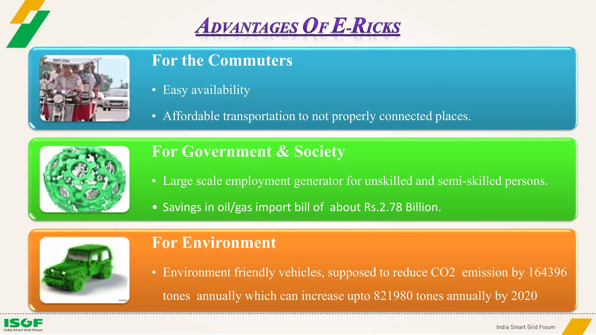 For the Commuters
• Easy availability
• Affordable transportation to not properly connected places.
For Government & Society
• Large scale employment generator for unskilled and semi-skilled persons.
• Savings in oil/gas import bill of about Rs.2.78 Billion.
For Environment
• Environment friendly vehicles, supposed to reduce CO2 emission by 164396
tones annually which can increase upto 821980 tones annually by 2020
 