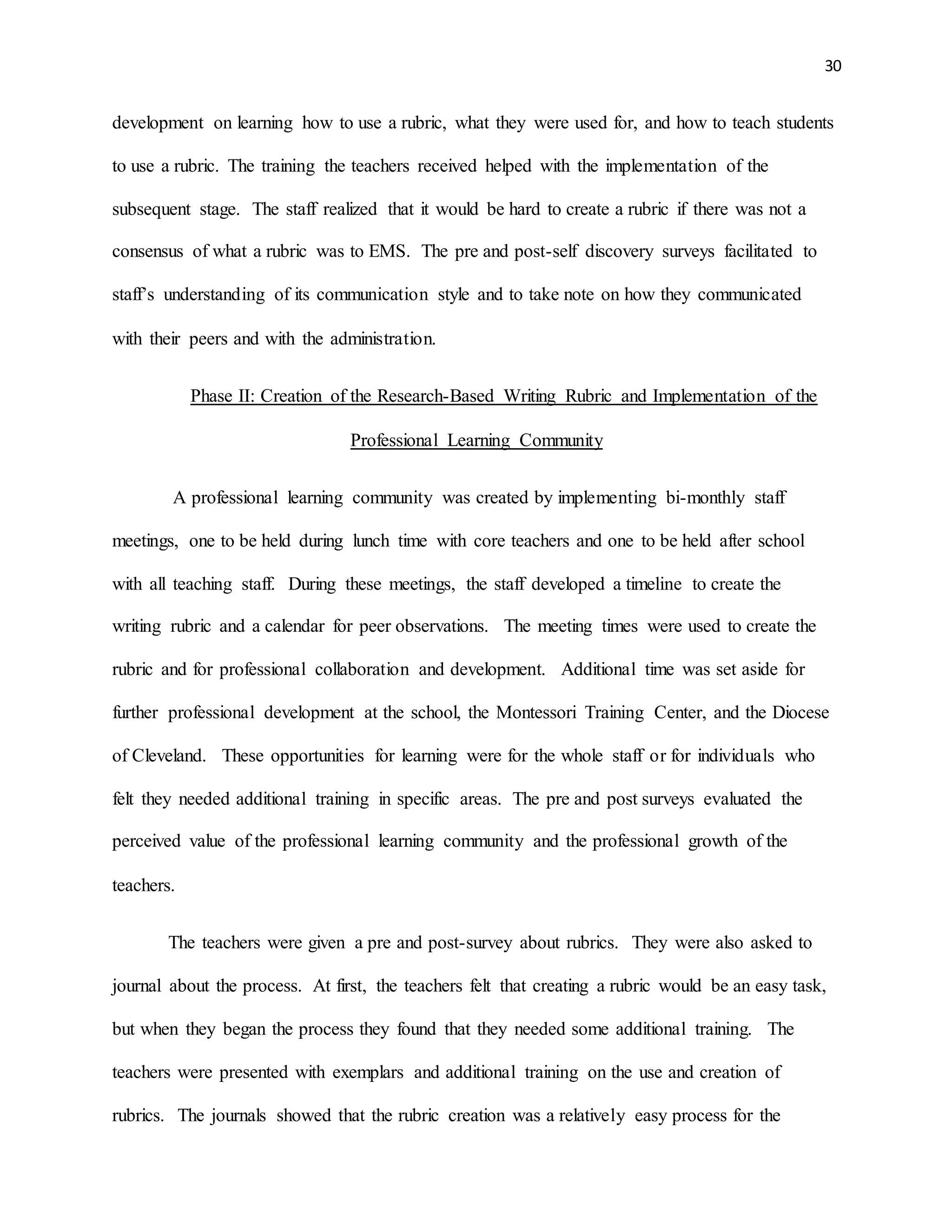 30
development on learning how to use a rubric, what they were used for, and how to teach students
to use a rubric. The training the teachers received helped with the implementation of the
subsequent stage. The staff realized that it would be hard to create a rubric if there was not a
consensus of what a rubric was to EMS. The pre and post-self discovery surveys facilitated to
staff’s understanding of its communication style and to take note on how they communicated
with their peers and with the administration.
Phase II: Creation of the Research-Based Writing Rubric and Implementation of the
Professional Learning Community
A professional learning community was created by implementing bi-monthly staff
meetings, one to be held during lunch time with core teachers and one to be held after school
with all teaching staff. During these meetings, the staff developed a timeline to create the
writing rubric and a calendar for peer observations. The meeting times were used to create the
rubric and for professional collaboration and development. Additional time was set aside for
further professional development at the school, the Montessori Training Center, and the Diocese
of Cleveland. These opportunities for learning were for the whole staff or for individuals who
felt they needed additional training in specific areas. The pre and post surveys evaluated the
perceived value of the professional learning community and the professional growth of the
teachers.
The teachers were given a pre and post-survey about rubrics. They were also asked to
journal about the process. At first, the teachers felt that creating a rubric would be an easy task,
but when they began the process they found that they needed some additional training. The
teachers were presented with exemplars and additional training on the use and creation of
rubrics. The journals showed that the rubric creation was a relatively easy process for the
 