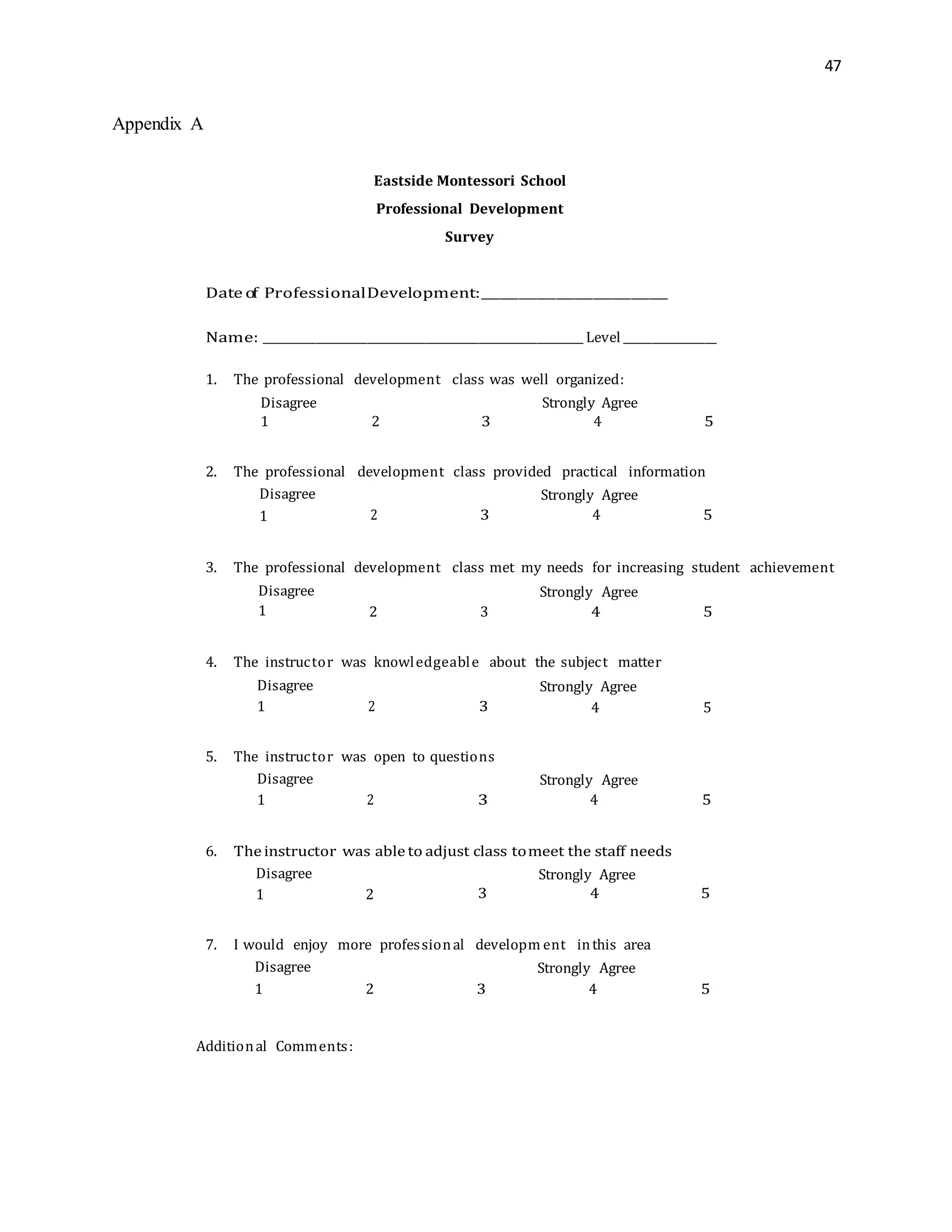 47
Appendix A
Eastside Montessori School
Professional Development
Survey
Date of ProfessionalDevelopment:__________
Name: _______________________________________________________ Level ________________
1. The professional development class was well organized:
Disagree Strongly Agree
1 2 3 4 5
2. The professional development class provided practical information
Disagree Strongly Agree
1 2 3 4 5
3. The professional development class met my needs for increasing student achievement
Disagree Strongly Agree
1 2 3 4 5
4. The instructor was knowledgeable about the subject matter
Disagree Strongly Agree
1 2 3 4 5
5. The instructor was open to questions
Disagree Strongly Agree
1 2 3 4 5
6. Theinstructor was ableto adjust class tomeet the staff needs
Disagree Strongly Agree
1 2 3 4 5
7. I would enjoy more professional developm ent inthis area
Disagree Strongly Agree
1 2 3 4 5
Additional Comments:
 