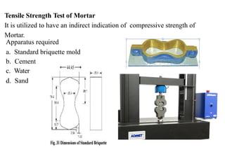 Tensile Strength Test of Mortar
It is utilized to have an indirect indication of compressive strength of
Mortar.
Apparatus required
a. Standard briquette mold
b. Cement
c. Water
d. Sand
 