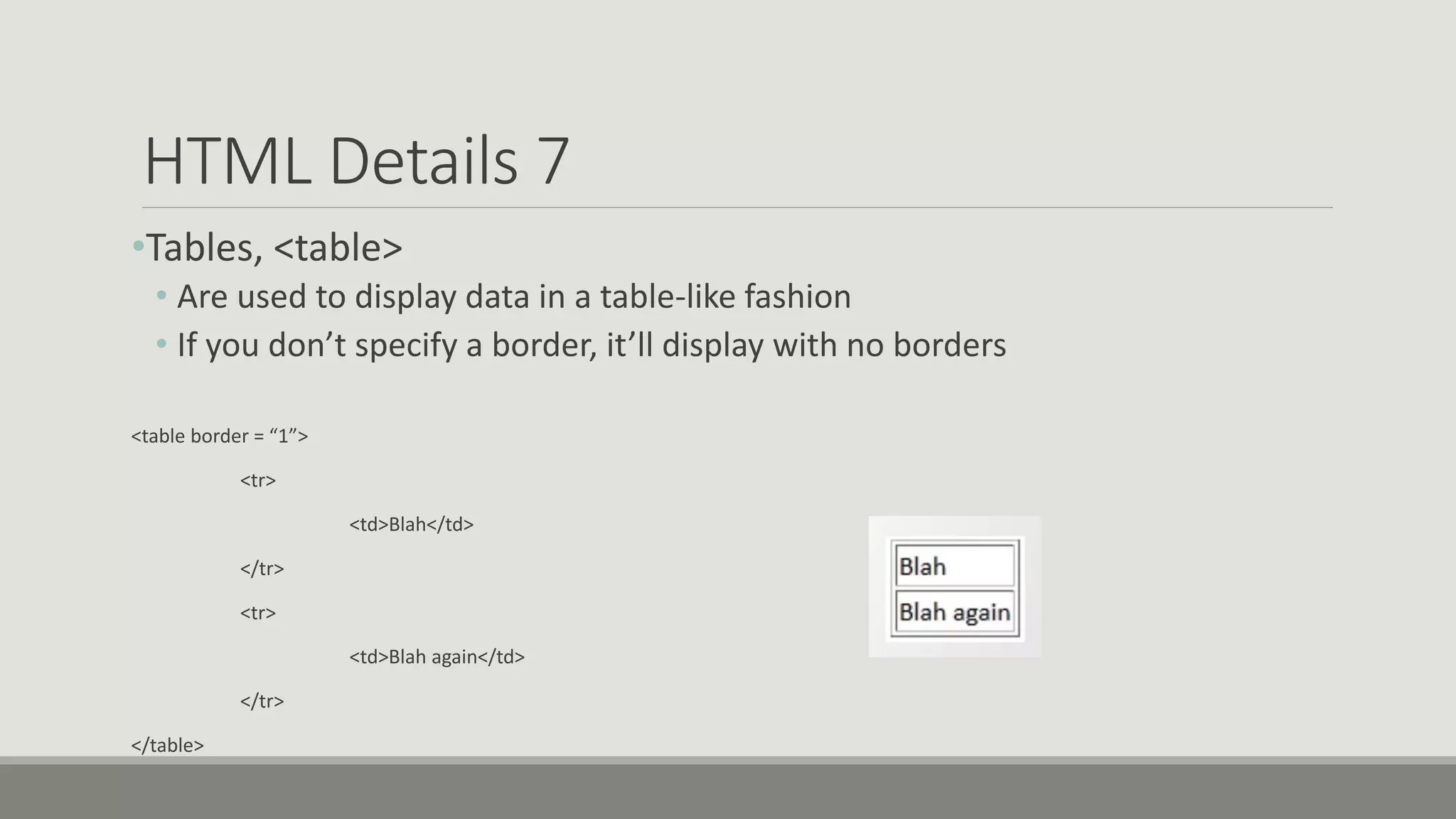 HTML Details 7
•Tables, <table>
• Are used to display data in a table-like fashion
• If you don’t specify a border, it’ll display with no borders
<table border = “1”>
<tr>
<td>Blah</td>
</tr>
<tr>
<td>Blah again</td>
</tr>
</table>
 