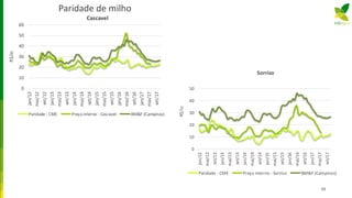 Paridade de milho
39
0
10
20
30
40
50
60
jan/12
mai/12
set/12
jan/13
mai/13
set/13
jan/14
mai/14
set/14
jan/15
mai/15
set/15
jan/16
mai/16
set/16
jan/17
mai/17
set/17
R$/sc
Cascavel
Paridade - CME Preço interno - Cascavel BM&F (Campinas)
0
10
20
30
40
50
jan/12
mai/12
set/12
jan/13
mai/13
set/13
jan/14
mai/14
set/14
jan/15
mai/15
set/15
jan/16
mai/16
set/16
jan/17
mai/17
set/17
R$/sc
Sorriso
Paridade - CME Preço interno - Sorriso BM&F (Campinas)
 