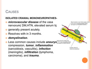 CAUSES
ISOLATED CRANIAL MONONEUROPATHIES-
 microvascular disease of the vasa
nervorum( DM,HTN, elevated serum lipids)
 generally present acutely.
 Resolves with in 3 months.
 demyelination.
 Less common causes include aneurysmal
compression, tumor, inflammation
(sarcoidosis, vasculitis), infection
(meningitis), infiltration (lymphoma,
carcinoma), and trauma.
 