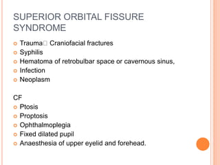 SUPERIOR ORBITAL FISSURE
SYNDROME
 Trauma Craniofacial fractures
 Syphilis
 Hematoma of retrobulbar space or cavernous sinus,
 Infection
 Neoplasm
CF
 Ptosis
 Proptosis
 Ophthalmoplegia
 Fixed dilated pupil
 Anaesthesia of upper eyelid and forehead.
 