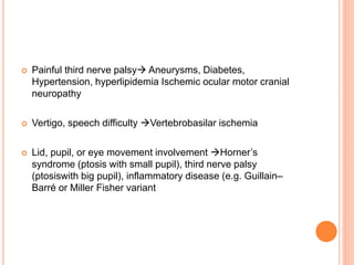  Painful third nerve palsy Aneurysms, Diabetes,
Hypertension, hyperlipidemia Ischemic ocular motor cranial
neuropathy
 Vertigo, speech difficulty Vertebrobasilar ischemia
 Lid, pupil, or eye movement involvement Horner’s
syndrome (ptosis with small pupil), third nerve palsy
(ptosiswith big pupil), inflammatory disease (e.g. Guillain–
Barré or Miller Fisher variant
 