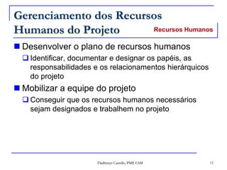 Fladhimyr Castello, PMP, CSM 12
Gerenciamento dos Recursos
Humanos do Projeto
 Desenvolver o plano de recursos humanos
 Identificar, documentar e designar os papéis, as
responsabilidades e os relacionamentos hierárquicos
do projeto
 Mobilizar a equipe do projeto
 Conseguir que os recursos humanos necessários
sejam designados e trabalhem no projeto
Recursos Humanos
 