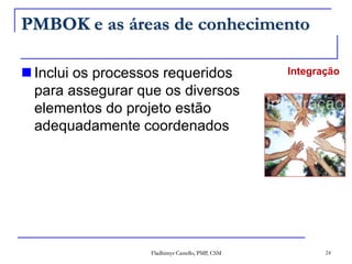 Fladhimyr Castello, PMP, CSM 24
PMBOK e as áreas de conhecimento
 Inclui os processos requeridos
para assegurar que os diversos
elementos do projeto estão
adequadamente coordenados
Integração
 