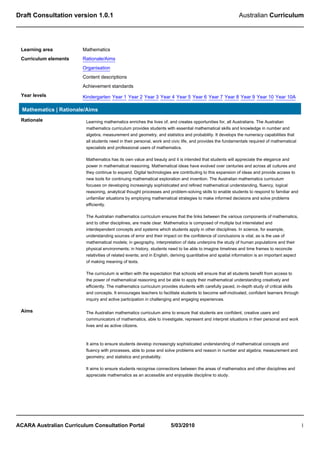 Draft Australian Curriculum Mathematics Overview | PDF