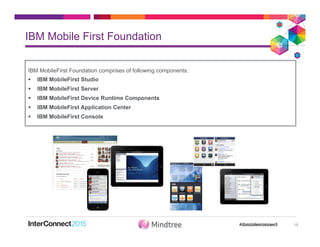 IBM Mobile First Foundation
19
IBM MobileFirst Foundation comprises of following components:
§  IBM MobileFirst Studio
§  IBM MobileFirst Server
§  IBM MobileFirst Device Runtime Components
§  IBM MobileFirst Application Center
§  IBM MobileFirst Console
 