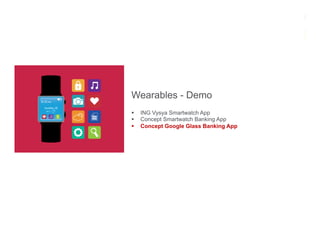 Wearables - Demo
§  ING Vysya Smartwatch App
§  Concept Smartwatch Banking App
§  Concept Google Glass Banking App
 