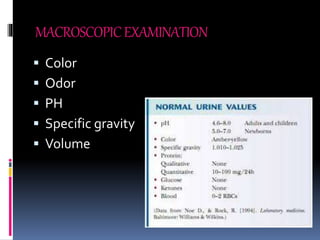 MACROSCOPICEXAMINATION
 Color
 Odor
 PH
 Specific gravity
 Volume
 