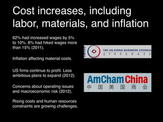 Cost increases, including
labor, materials, and inﬂation
62% had increased wages by 5%
to 10%. 8% had hiked wages more
than 15% (2011).
Inﬂation affecting material costs.
US ﬁrms continue to proﬁt. Less
ambitious plans to expand (2012).
Concerns about operating issues
and macroeconomic risk (2012).
Rising costs and human resources
constraints are growing challenges.
 