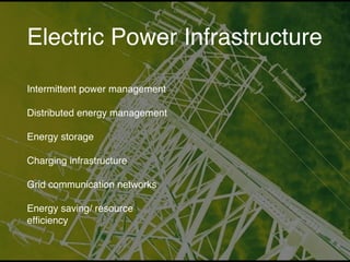 Electric Power Infrastructure
Intermittent power management
Distributed energy management
Energy storage
Charging infrastructure
Grid communication networks
Energy saving/ resource
efﬁciency
 