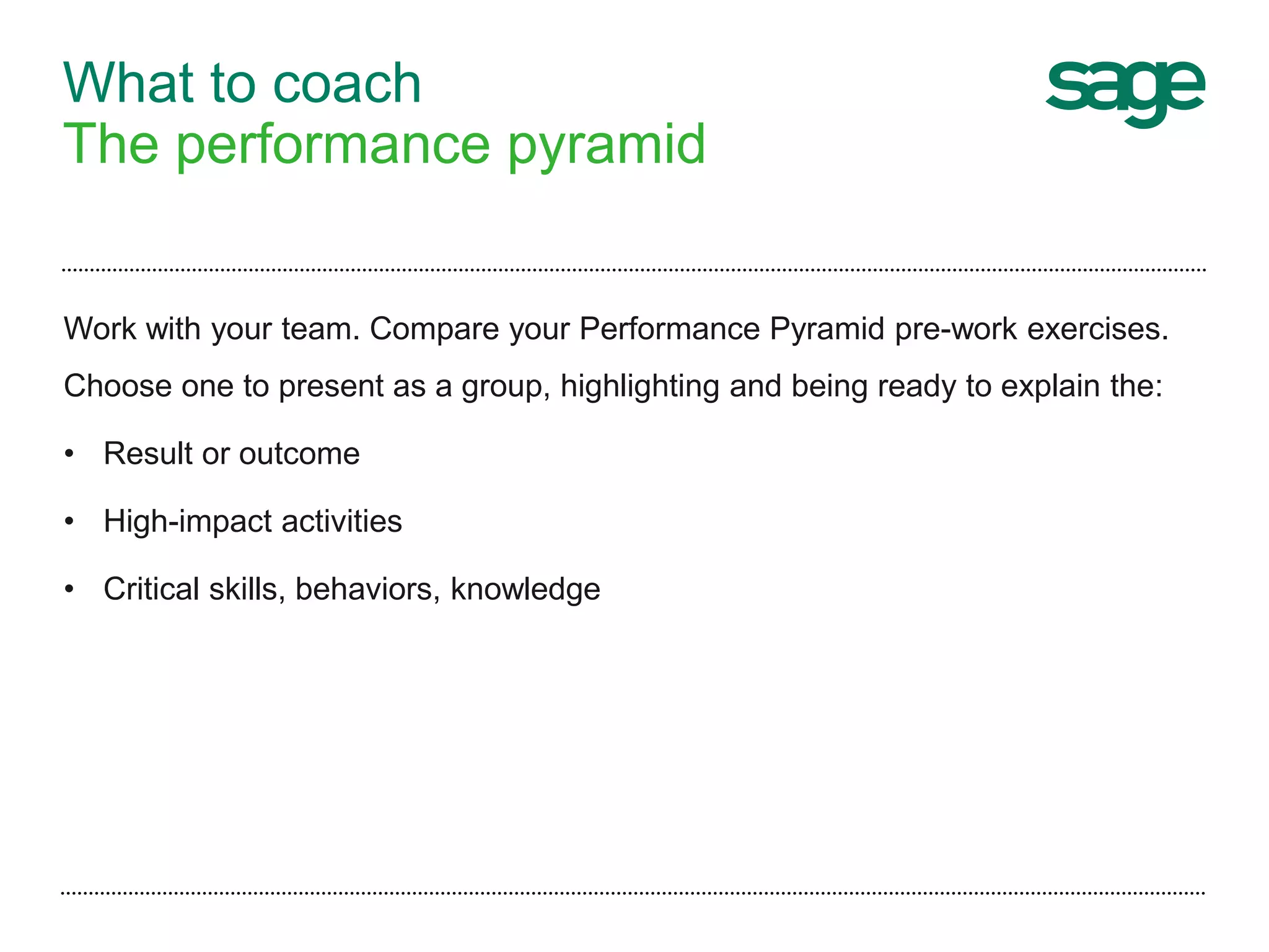 What to coach
The performance pyramid
Work with your team. Compare your Performance Pyramid pre-work exercises.
Choose one to present as a group, highlighting and being ready to explain the:
• Result or outcome
• High-impact activities
• Critical skills, behaviors, knowledge
 