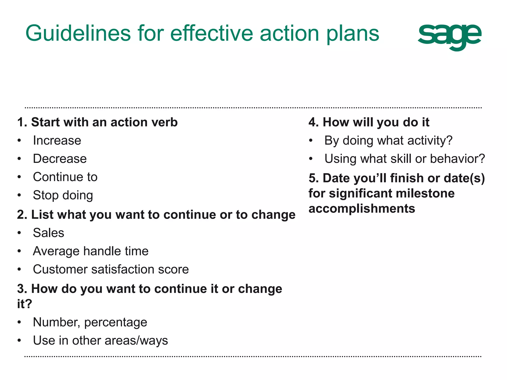 Guidelines for effective action plans
1. Start with an action verb
• Increase
• Decrease
• Continue to
• Stop doing
2. List what you want to continue or to change
• Sales
• Average handle time
• Customer satisfaction score
3. How do you want to continue it or change
it?
• Number, percentage
• Use in other areas/ways
4. How will you do it
• By doing what activity?
• Using what skill or behavior?
5. Date you’ll finish or date(s)
for significant milestone
accomplishments
 