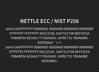 14
15
NETTLE ECC / NIST P256
point (0xFFFFFFFF 00000001 00000000 00000000 00000000
FFFFFFFF FFFFFFFF 001C2C00, 0x9731275B 8E973CEA
FD8ABF5A 6E16A177 F05A3451 14FBC752 7B3A60BC
65FE606A) * 1 !=
point (0xFFFFFFFF 00000001 00000000 00000000 00000000
FFFFFFFE FFFFFFFF 001C2C00 , 0x9731275B 8E973CEA
FD8ABF5A 6E16A177 F05A3451 14FBC752 7B3A60BC
65FE606A )
 