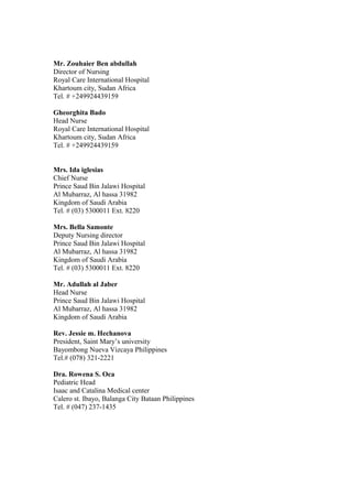 Mr. Zouhaier Ben abdullah
Director of Nursing
Royal Care International Hospital
Khartoum city, Sudan Africa
Tel. # +249924439159
Gheorghita Bado
Head Nurse
Royal Care International Hospital
Khartoum city, Sudan Africa
Tel. # +249924439159
Mrs. Ida iglesias
Chief Nurse
Prince Saud Bin Jalawi Hospital
Al Mubarraz, Al hassa 31982
Kingdom of Saudi Arabia
Tel. # (03) 5300011 Ext. 8220
Mrs. Bella Samonte
Deputy Nursing director
Prince Saud Bin Jalawi Hospital
Al Mubarraz, Al hassa 31982
Kingdom of Saudi Arabia
Tel. # (03) 5300011 Ext. 8220
Mr. Adullah al Jaber
Head Nurse
Prince Saud Bin Jalawi Hospital
Al Mubarraz, Al hassa 31982
Kingdom of Saudi Arabia
Rev. Jessie m. Hechanova
President, Saint Mary’s university
Bayombong Nueva Vizcaya Philippines
Tel.# (078) 321-2221
Dra. Rowena S. Oca
Pediatric Head
Isaac and Catalina Medical center
Calero st. Ibayo, Balanga City Bataan Philippines
Tel. # (047) 237-1435
 