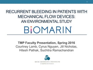 RECURRENT BLEEDING IN PATIENTS WITH
MECHANICAL FLOW DEVICES:
AN ENVIRONMENTAL STUDY
TMP Faculty Presentation, Spring 2016
Courtney Lamb, Cyrus Nguyen, Jill Nicholas,
Hitesh Pathak, Suchitra Ramachandran
1
 