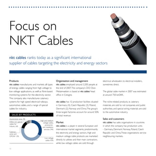 12
Products
nkt cables manufactures and markets all types
of energy cables ranging from high voltage to
low voltage applications, as well as fibre-based
monitoring systems for the electricity sector.
The company also manufactures catenary
systems for high speed electrical railways,
automotive cables, and a range of special
cables for industry.
Focus on
NKT Cables
nkt cables ranks today as a significant international
supplier of cables targeting the electricity and energy sectors
SALES BY PRODUCTS
Øvrige
OPGW
Industripro
Lavspænding
Mellem- og høj
Automotive wires 3%
Other, incl. special
cables for
industry 6%
Catenary
wires and
OPGW 12%
High and medium
voltage cables,
accessories
and installation
services 34%
Low voltage
cables 45%
electrical wholesalers to electrical installers,
sometimes direct.
The global cable market in 2007 was estimated
at around 750 bnDKK.
The niche-related products, ie. catenary
materials, are sold to rail companies and public
authorities, and special wiring materials are sold
to the automotive industry.
Sales and customers
nkt cables has sales organisations in countries
in which the company has production units
- Germany, Denmark, Norway, Poland, Czech
Republic and China.These organisations service
neighbouring markets.
Organisation and management
nkt cables employed around 3,200 people at
the end of 2007.The company’s CEO Dion
Metzemaekers is based at nkt cables’ head
office in Cologne.
nkt cables has 12 production facilities situated
in Germany (4), Czech Republic (3), Poland,
Denmark (2), Norway and China.The group’s
three largest factories account for around 50%
of total revenue.
Market
nkt cables is a player in several European and
international market segments, predominantly
the electricity and energy sectors. High and
medium voltage cable products are marketed
directly to utilities and their main contractors,
while low voltage cables are sold through
 