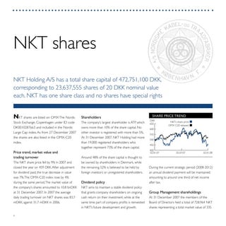 6
During the current strategic period (2008-2012)
an annual dividend payment will be maintained
amounting to around one third of net income
after tax.
Group Management shareholdings
At 31 December 2007 the members of the
Board of Directors held a total of 728,964 NKT
shares representing a total market value of 335
Shareholders
The company’s largest shareholder is ATP, which
owns more than 10% of the share capital. No
other investor is registered with more than 5%.
At 31 December 2007, NKT Holding had more
than 19,000 registered shareholders who
together represent 73% of the share capital.
Around 48% of the share capital is thought to
be owned by shareholders in Denmark, while
the remaining 52% is believed to be held by
foreign investors or unregistered shareholders.
Dividend policy
NKT aims to maintain a stable dividend policy
that grants company shareholders on ongoing
cash return on their investment, while at the
same time part of company profits is reinvested
in NKT’s future development and growth.
NKT shares are listed on OMXThe Nordic
Stock Exchange, Copenhagen under ID code
DK0010287663 and included in the Nordic
Large Cap index.As from 27 December 2007
the shares are also listed in the OMX-C20
index.
Price trend, market value and
trading turnover
The NKT share price fell by 9% in 2007 and
closed the year on 459 DKK.After adjustment
for dividend paid, the true decrease in value
was 7%.The OMX-C20 index rose by 4%
during the same period.The market value of
the company’s shares amounted to 10.8 bnDKK
at 31 December 2007. In 2007 the average
daily trading turnover on NKT shares was 83.7
mDKK, against 31.7 mDKK in 2006.
NKT shares
SHARE PRICE TREND
OMX C20 rebased
NKTs share price
DKK
400
450
500
550
600
650
02.01.0802.07.0702.01.07
NKT Holding A/S has a total share capital of 472,751,100 DKK,
corresponding to 23,637,555 shares of 20 DKK nominal value
each. NKT has one share class and no shares have special rights
 