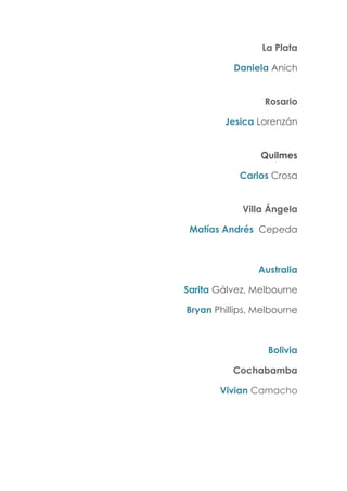 La Plata
Daniela Anich
Rosario
Jesica Lorenzán
Quilmes
Carlos Crosa
Villa Ángela
Matías Andrés Cepeda
Australia
Sarita Gálvez, Melbourne
Bryan Phillips, Melbourne
Bolivia
Cochabamba
Vivian Camacho
 