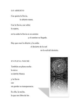 LO ABIERTO
Cae quieta la lluvia,
lo abierto mana.
Cae la lluvia, cae sobre
la espera,
en la caída la lluvia es su camino
y el camino su llegada.
Hay que osar lo abierto y la caída:
el desierto de la sed
no la sed del desierto.
EN PLENA NOCHE
También en plena noche
la nieve
se derrite blanca
y la lluvia
cae
sin perder su transparencia.
Es ella, la noche,
la que nos libra de los
 