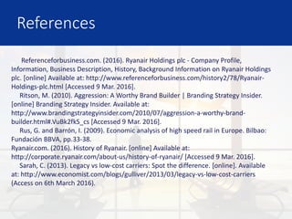 References
Referenceforbusiness.com. (2016). Ryanair Holdings plc - Company Profile,
Information, Business Description, History, Background Information on Ryanair Holdings
plc. [online] Available at: http://www.referenceforbusiness.com/history2/78/Ryanair-
Holdings-plc.html [Accessed 9 Mar. 2016].
Ritson, M. (2010). Aggression: A Worthy Brand Builder | Branding Strategy Insider.
[online] Branding Strategy Insider. Available at:
http://www.brandingstrategyinsider.com/2010/07/aggression-a-worthy-brand-
builder.html#.VuBk2fkS_cs [Accessed 9 Mar. 2016].
Rus, G. and Barrón, I. (2009). Economic analysis of high speed rail in Europe. Bilbao:
Fundación BBVA, pp.33-38.
Ryanair.com. (2016). History of Ryanair. [online] Available at:
http://corporate.ryanair.com/about-us/history-of-ryanair/ [Accessed 9 Mar. 2016].
Sarah, C. (2013). Legacy vs low-cost carriers: Spot the difference. [online]. Available
at: http://www.economist.com/blogs/gulliver/2013/03/legacy-vs-low-cost-carriers
(Access on 6th March 2016).
 