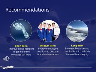 Recommendations
Short Term
Improve digital footprint
to get the brand
message out there
Medium Term
Improve employee
relations to become
brand ambassadors
Long Term
Increase fleet size and
destinations to maintain
low cost brand equity
 