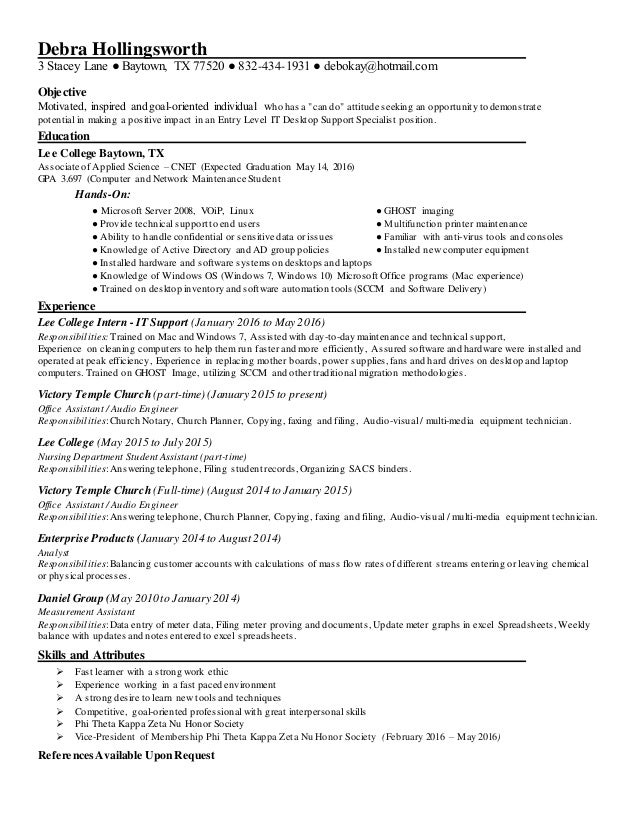 Debra Hollingsworth Desktop Support Entry Level