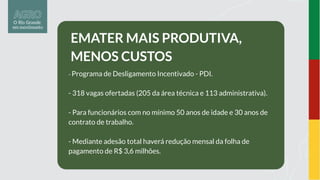 EMATER MAIS PRODUTIVA,
MENOS CUSTOS
- Programa de Desligamento Incentivado - PDI.
- 318 vagas ofertadas (205 da área técnica e 113 administrativa).
- Para funcionários com no mínimo 50 anos de idade e 30 anos de
contrato de trabalho.
- Mediante adesão total haverá redução mensal da folha de
pagamento de R$ 3,6 milhões.
 