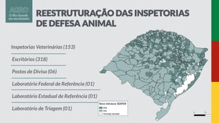 Inspetorias Veterinárias (153)
Escritórios (318)
Postos de Divisa (06)
Laboratório Federal de Referência (01)
Laboratório Estadual de Referência (01)
Laboratório de Triagem (01)
 