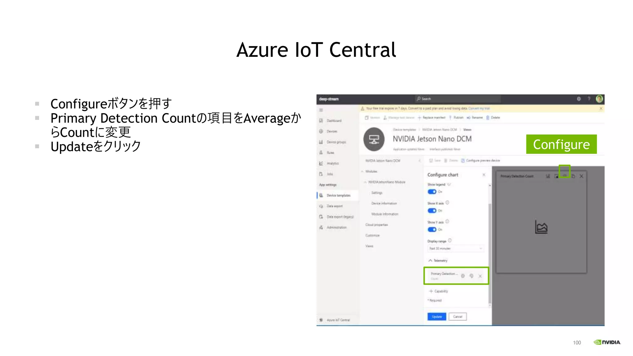 100
Azure IoT Central
▪ Configureボタンを押す
▪ Primary Detection Countの項目をAverageか
らCountに変更
▪ Updateをクリック Configure
 