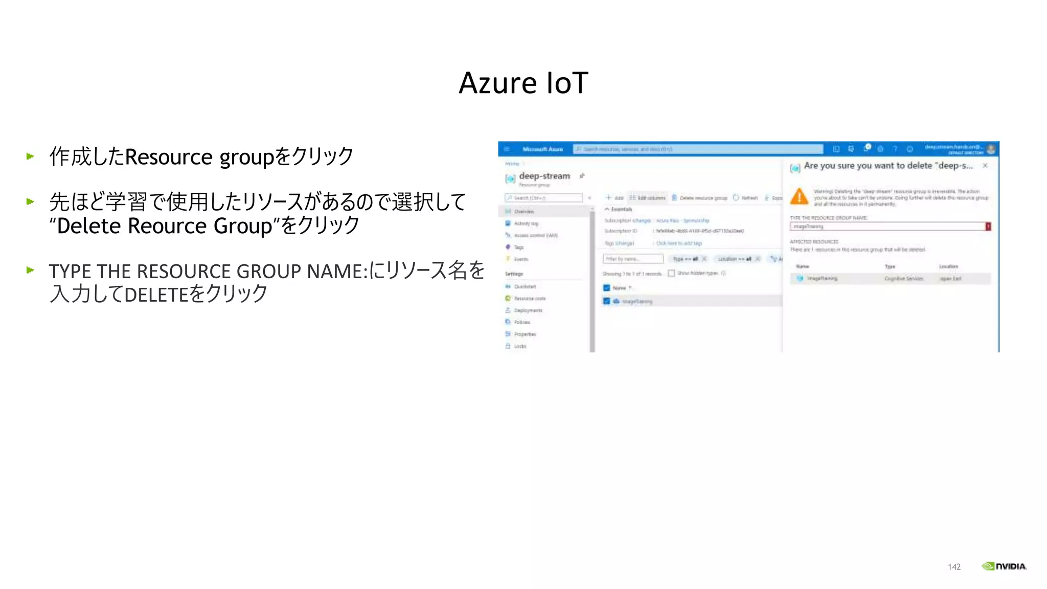 142
作成したResource groupをクリック
先ほど学習で使用したリソースがあるので選択して
“Delete Reource Group”をクリック
TYPE THE RESOURCE GROUP NAME:にリソース名を
入力してDELETEをクリック
Azure IoT
 