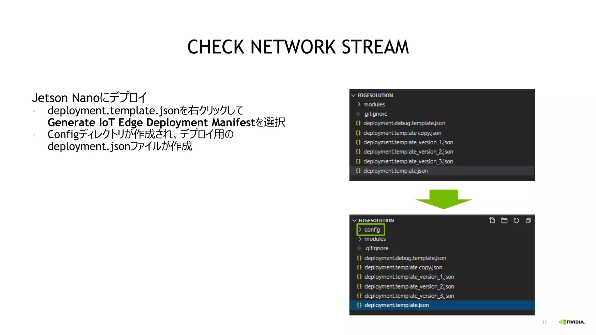 32
Jetson Nanoにデプロイ
- deployment.template.jsonを右クリックして
Generate IoT Edge Deployment Manifestを選択
- Configディレクトリが作成され、デプロイ用の
deployment.jsonファイルが作成
CHECK NETWORK STREAM
 