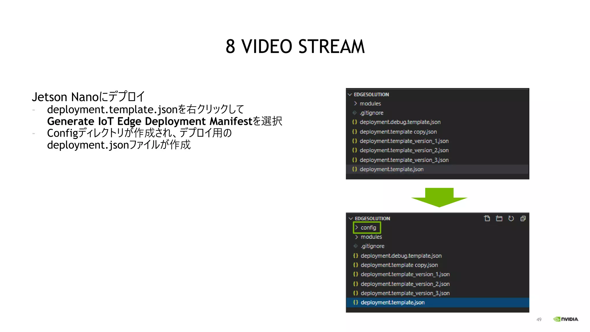 49
Jetson Nanoにデプロイ
- deployment.template.jsonを右クリックして
Generate IoT Edge Deployment Manifestを選択
- Configディレクトリが作成され、デプロイ用の
deployment.jsonファイルが作成
8 VIDEO STREAM
 