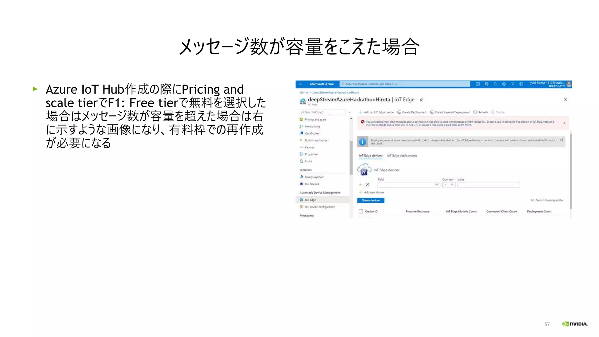 57
Azure IoT Hub作成の際にPricing and
scale tierでF1: Free tierで無料を選択した
場合はメッセージ数が容量を超えた場合は右
に示すような画像になり、有料枠での再作成
が必要になる
メッセージ数が容量をこえた場合
 