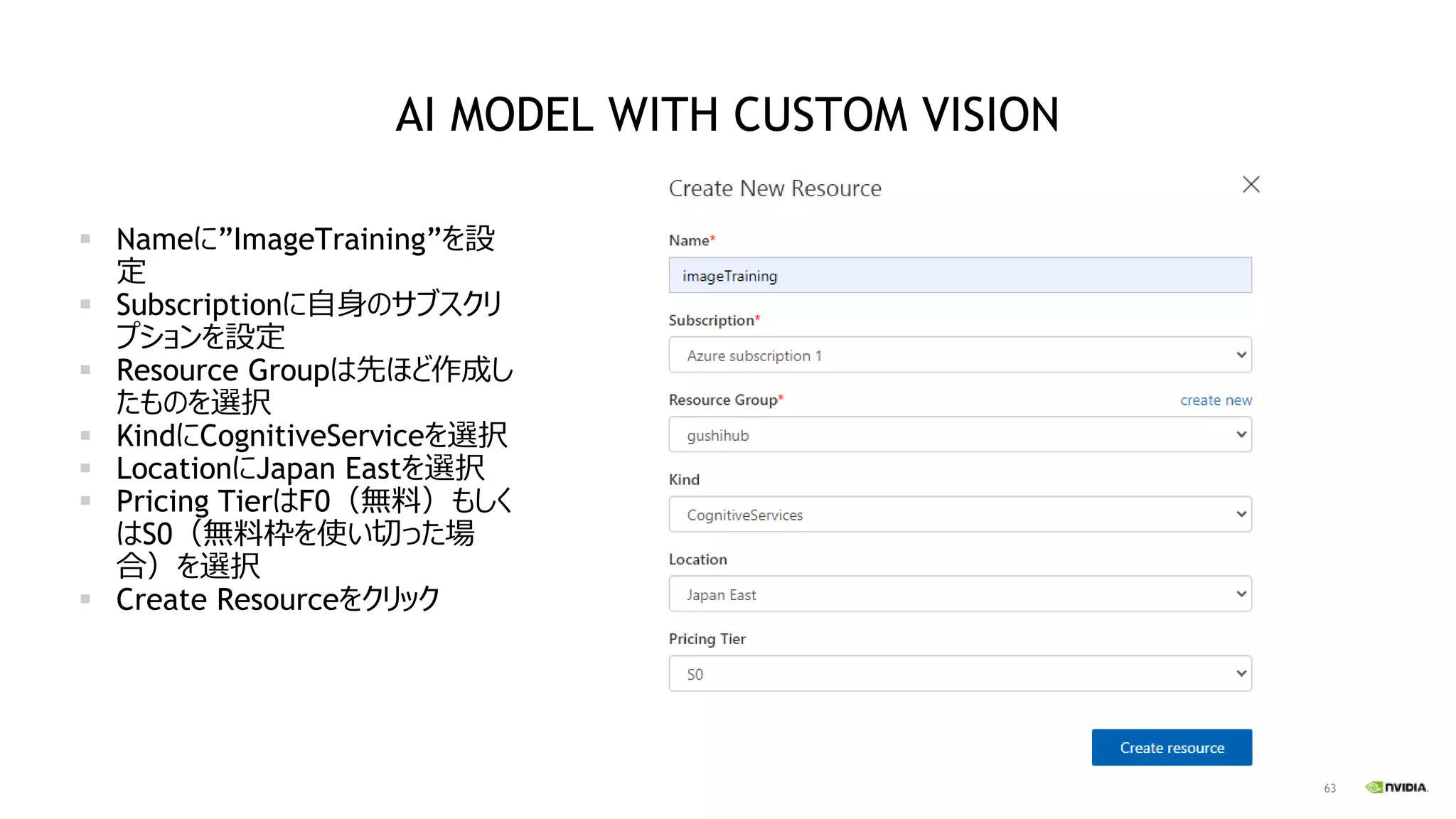 63
AI MODEL WITH CUSTOM VISION
▪ Nameに”ImageTraining”を設
定
▪ Subscriptionに自身のサブスクリ
プションを設定
▪ Resource Groupは先ほど作成し
たものを選択
▪ KindにCognitiveServiceを選択
▪ LocationにJapan Eastを選択
▪ Pricing TierはF0（無料）もしく
はS0（無料枠を使い切った場
合）を選択
▪ Create Resourceをクリック
 