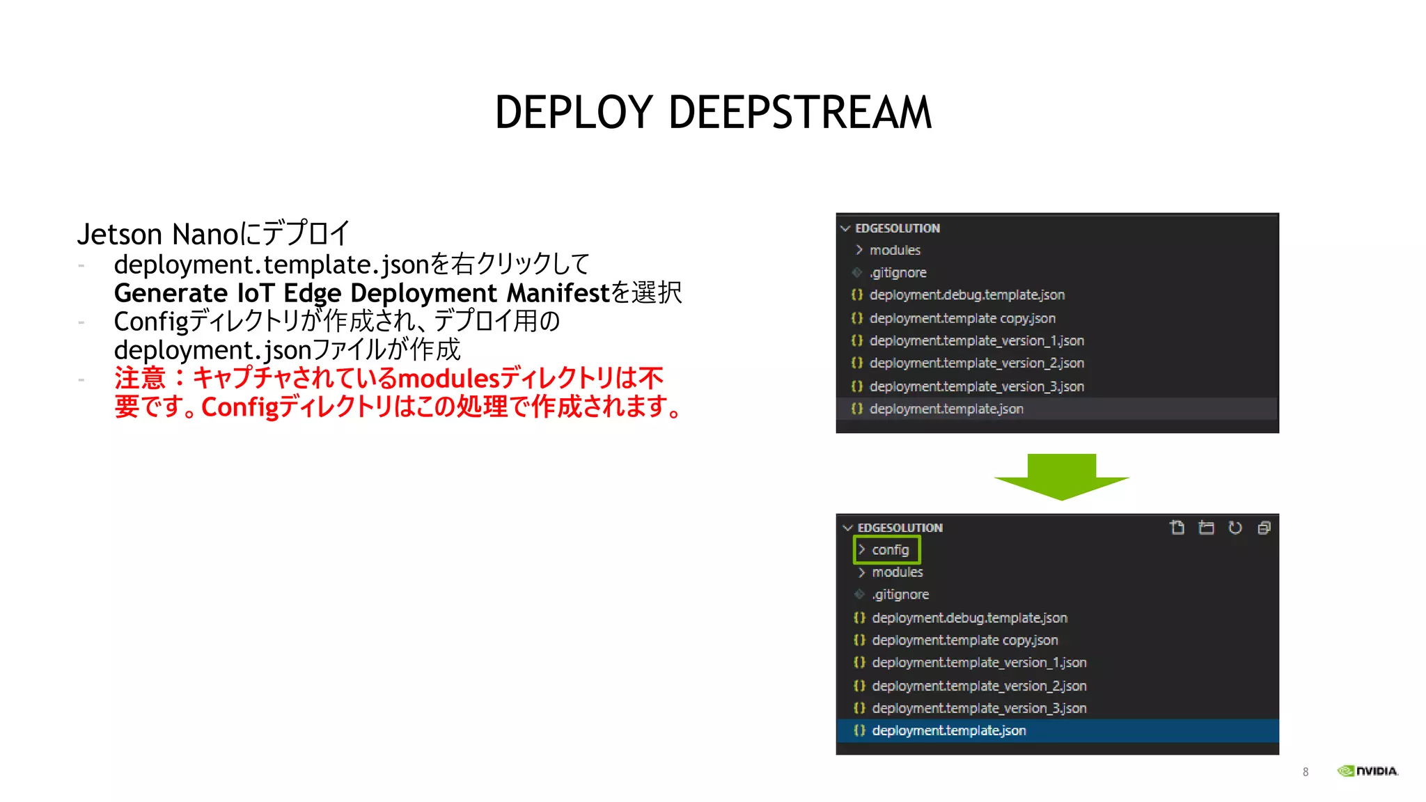 8
Jetson Nanoにデプロイ
- deployment.template.jsonを右クリックして
Generate IoT Edge Deployment Manifestを選択
- Configディレクトリが作成され、デプロイ用の
deployment.jsonファイルが作成
- 注意：キャプチャされているmodulesディレクトリは不
要です。Configディレクトリはこの処理で作成されます。
DEPLOY DEEPSTREAM
 