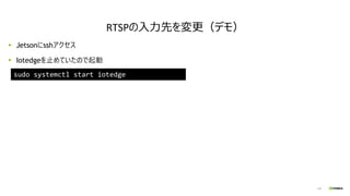 130
Jetsonにsshアクセス
Iotedgeを止めていたので起動
sudo systemctl start iotedge
RTSPの入力先を変更（デモ）
 