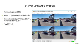 35
VLC media playerを開く
Media > Open Network Streamを開く
Network urlに“rtsp://JetsonのIPアドレ
ス:8554/ds-test”をコピー
Playをクリック
CHECK...