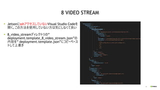 48
JetsonにsshアクセスしていないVisual Studio Codeを
開く。この方法を使用していない方は気にしなくて良い
8_video_streamディレクトリの”
deployment.template_8_video_str...