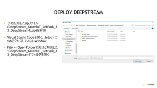 6
予め配布したzipファイル
(DeepStream_AzureIoT_JetPack_4.
3_DeepStream4.zip)を解凍
Visual Studio Codeを開く。Jetson に
sshアクセスしていないWindow
Fi...