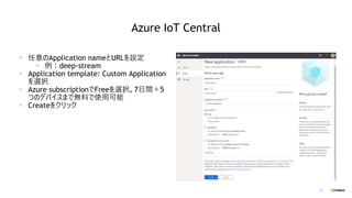 92
Azure IoT Central
▪ 任意のApplication nameとURLを設定
▪ 例：deep-stream
▪ Application template: Custom Application
を選択
▪ Azure s...