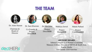 ADVISORY BOARD:
Sabeen F.Haque: U.S Women’s Consulate
Mansoor A Khan: Director of MENA & South Asia,
Kantar Media
Alex Kosik: CEO Gravitus
Dr. Asher Hassan
Chairman &
Board of
Director
Makkiya Jawed
Project
ManagHER
Dr. Sara Khurram
Co-Founder &
Project
DirectHER
Dr Iffat Zafar
Project
DirectHER
Mahek Pathani
Project
CoordinatHER
THE TEAM
 
