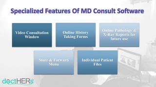 Video Consultation
Window
Online History
Taking Forms
Online Pathology &
X-Ray Reports for
future use
Store & Forward
Menu
Individual Patient
Files
Specialized Features Of MD Consult Software
 